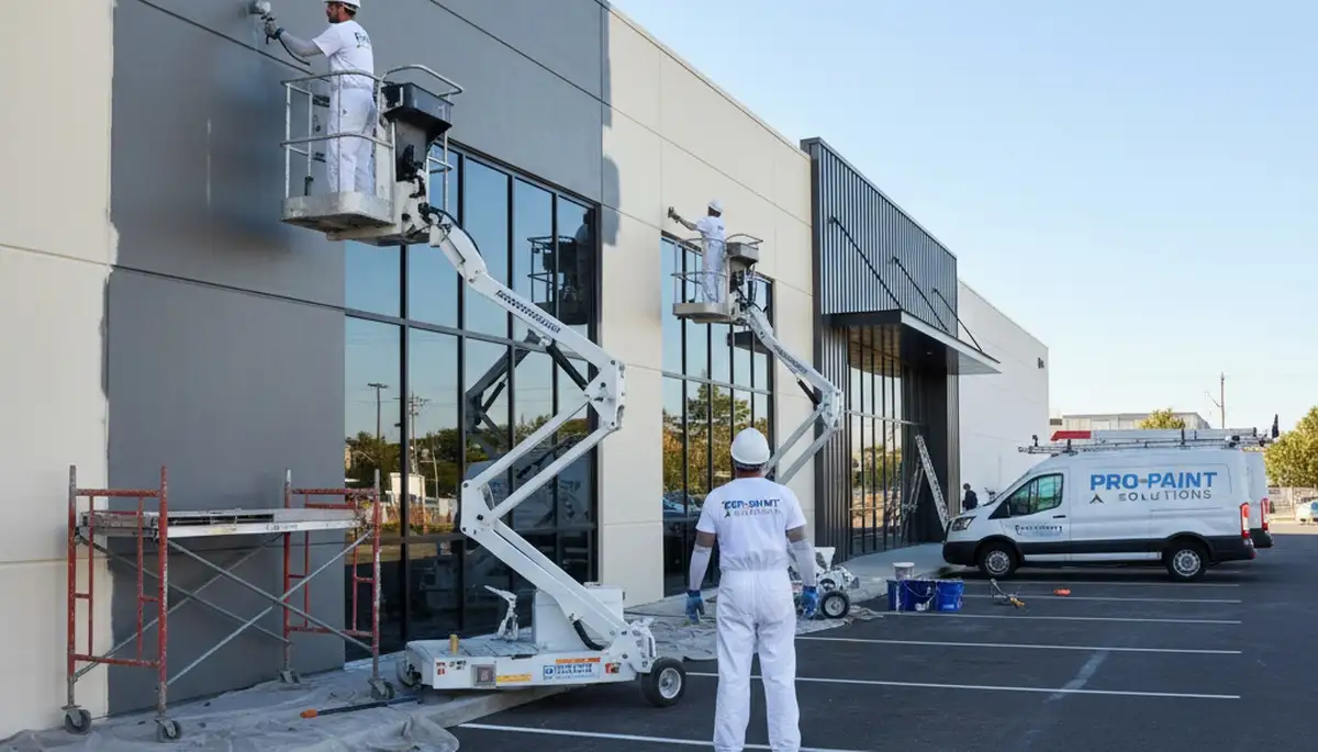 Professional commercial painters finishing office exterior in Colorado Springs, CO