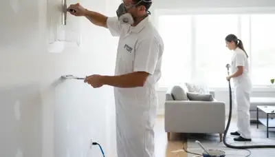 Drywall repair experts fixing wall cracks in a Colorado Springs, CO home for smooth, paint-ready finish