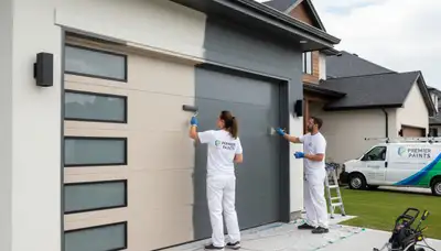 Professional painter refinishing garage door in Colorado Springs, CO for durable, sun-resistant finish