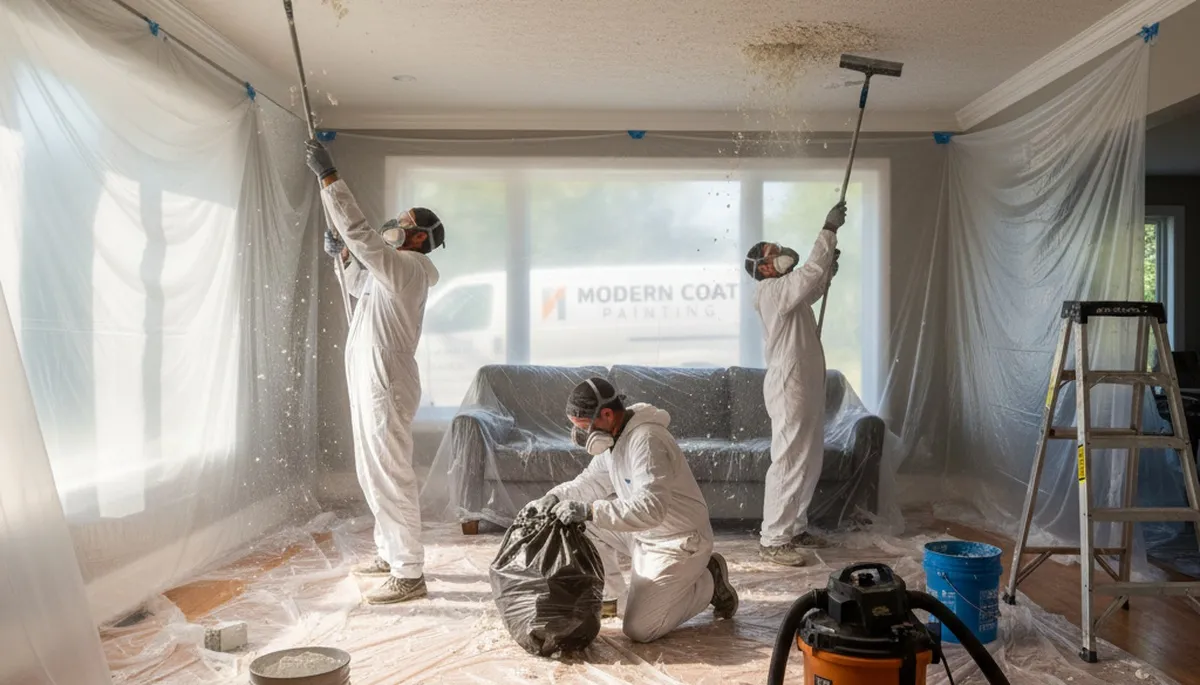 Painter removing popcorn ceiling in Colorado Springs, CO home for smooth modern finish