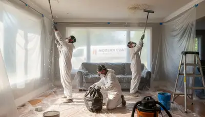 Painter removing popcorn ceiling in Colorado Springs, CO home for smooth modern finish