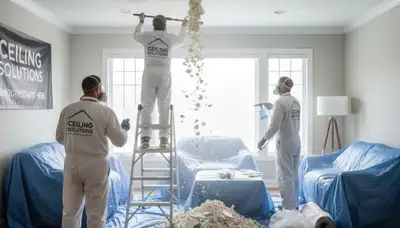 Technician removing popcorn ceiling in Colorado Springs, CO home for smooth repainting finish