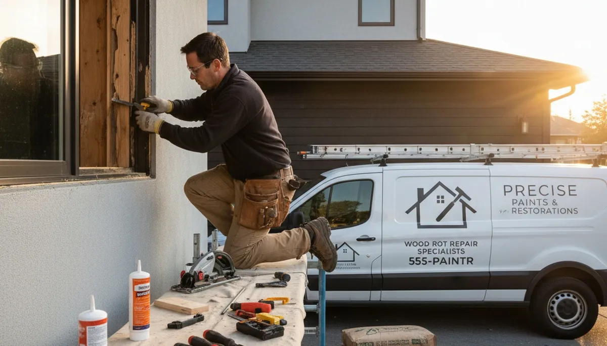 Wood rot repair and exterior painting on Colorado Springs home by professional restoration team
